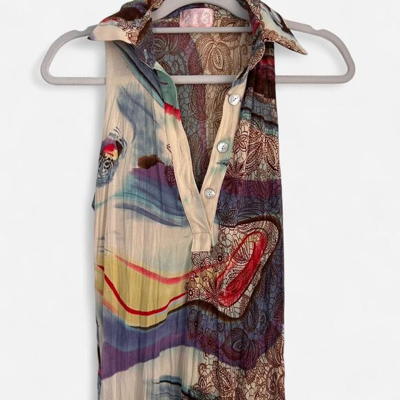 Vintage 2000s unique Sheer Boho Print Dress – Funky Retro Swirl Graphics M - Picture 5 of 8